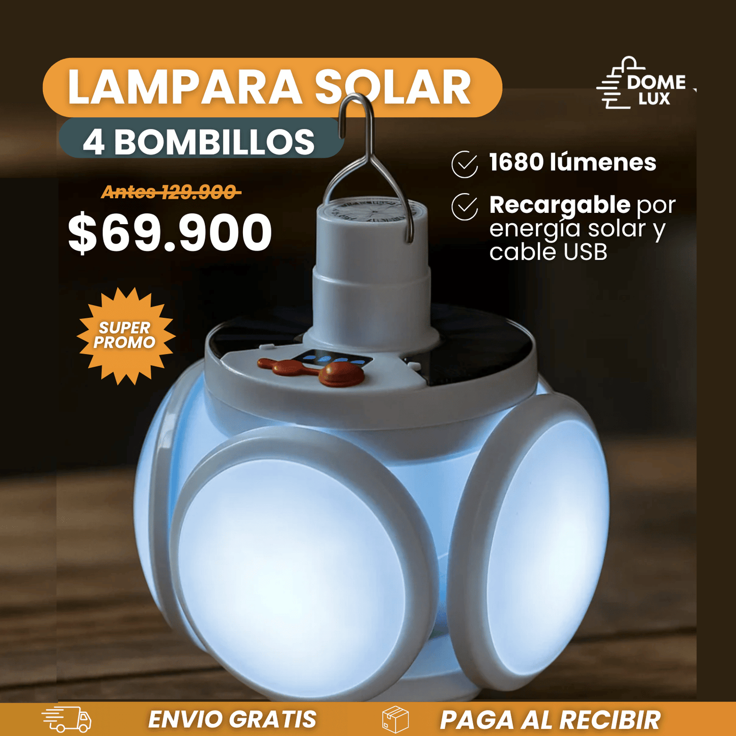 BOMBILLA LED SOLAR 4 BOMBILLOS